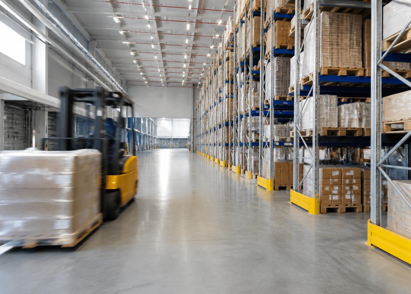 Interior of a modern distribution warehouse with high racking, palletised goods and a forklift in motion