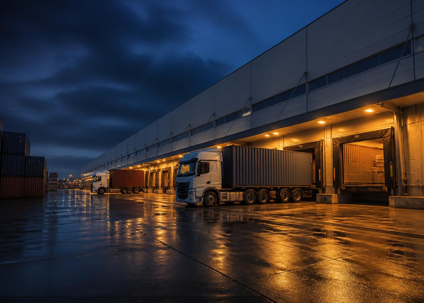 Bonded warehouse loading docks at dusk with containers and trucks under warm dock lighting